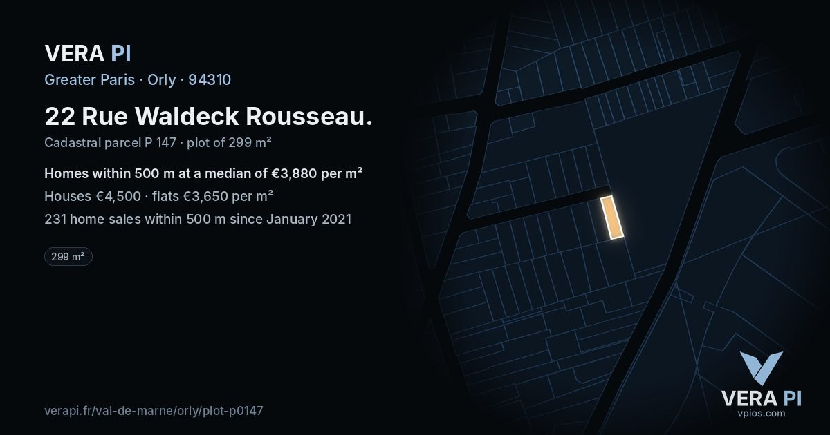 22 Rue Waldeck Rousseau, Orly at night – the plot lit, the parcels around coloured by the prices near them