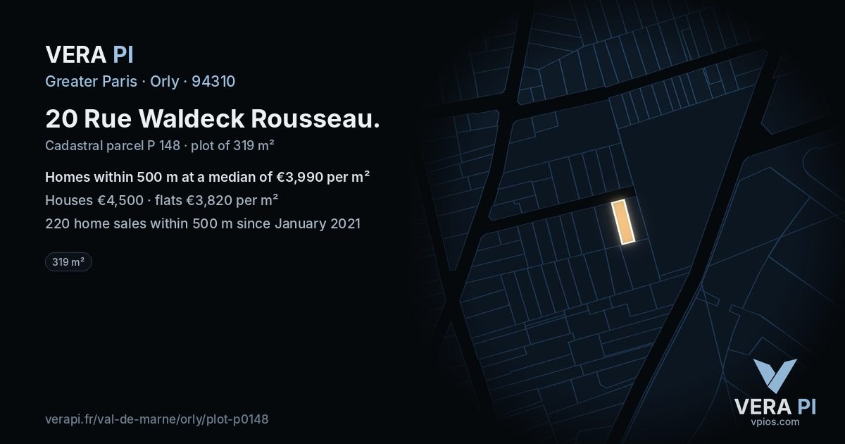 20 Rue Waldeck Rousseau, Orly at night – the plot lit, the parcels around coloured by the prices near them