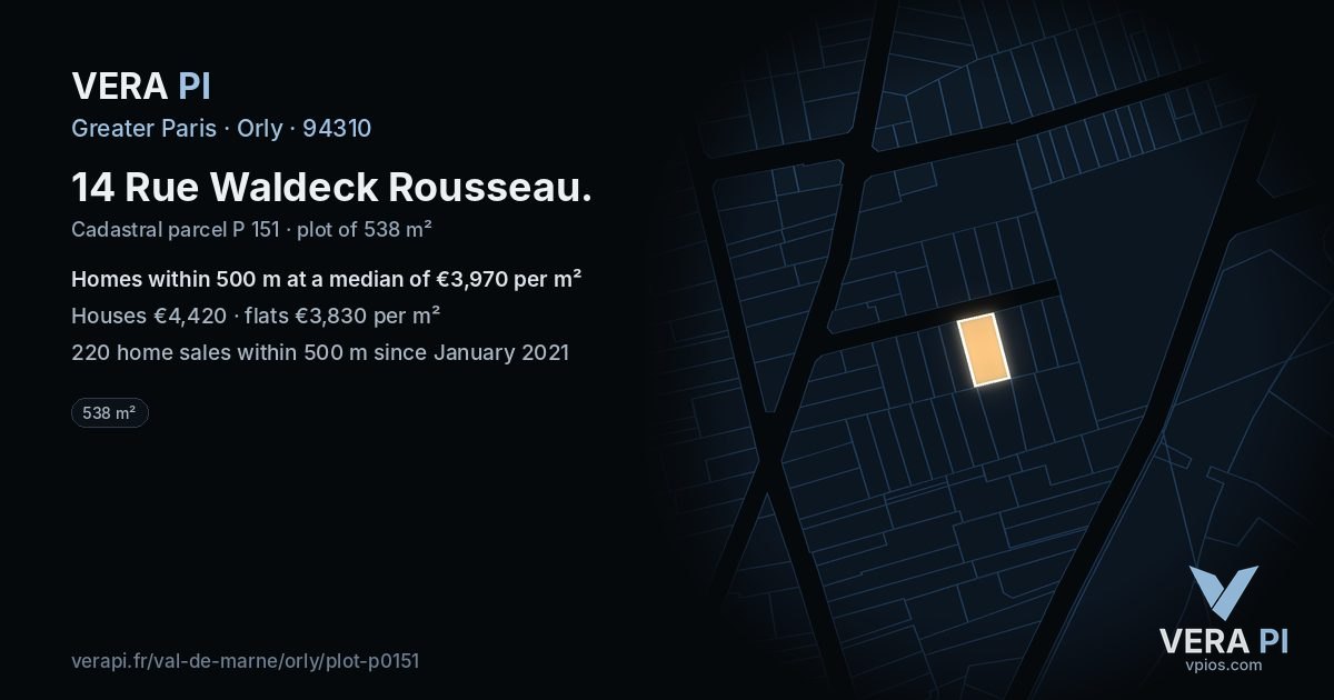 14 Rue Waldeck Rousseau, Orly at night – the plot lit, the parcels around coloured by the prices near them