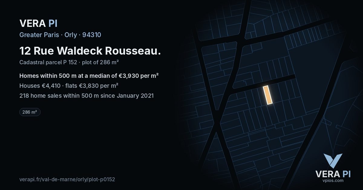 12 Rue Waldeck Rousseau, Orly at night – the plot lit, the parcels around coloured by the prices near them