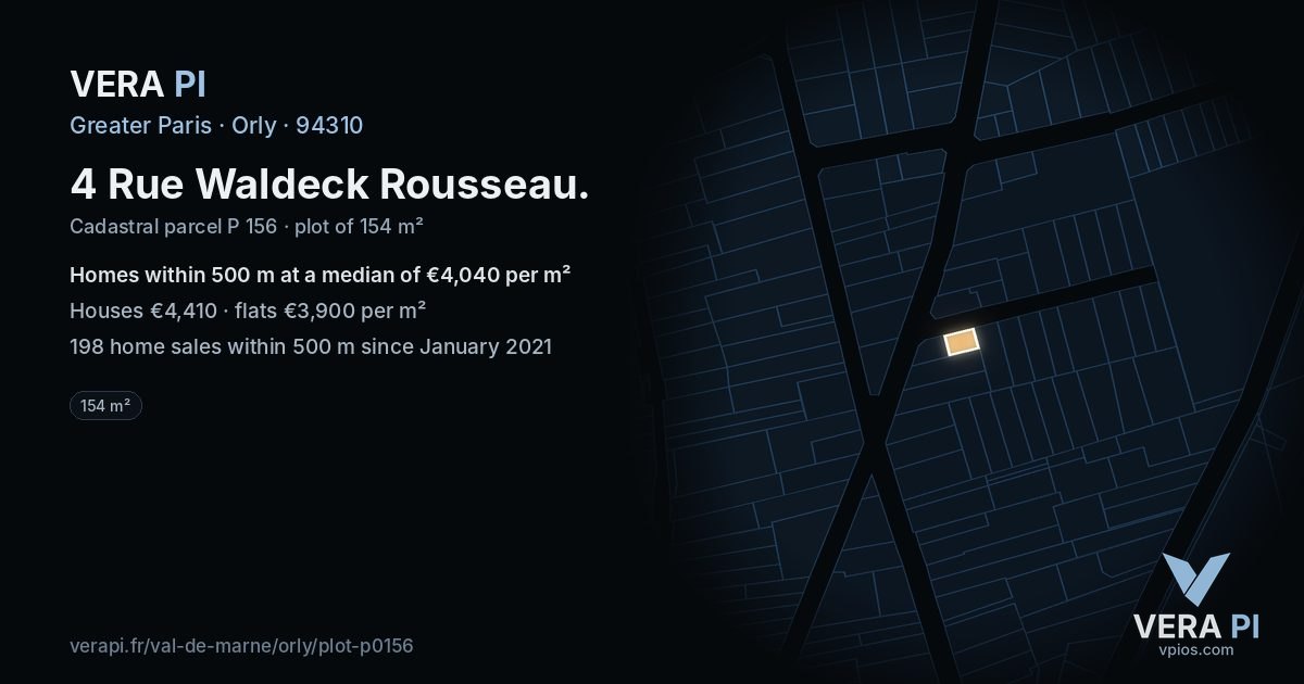 4 Rue Waldeck Rousseau, Orly at night – the plot lit, the parcels around coloured by the prices near them