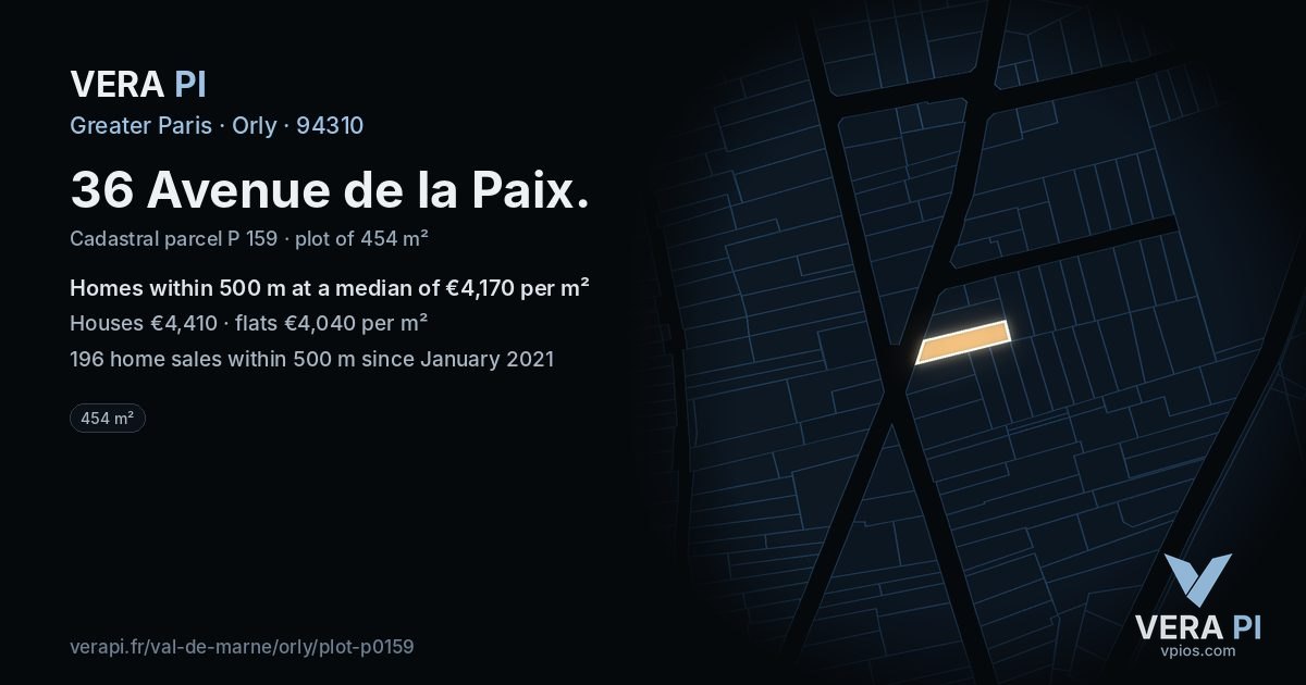 36 Avenue de la Paix, Orly at night – the plot lit, the parcels around coloured by the prices near them