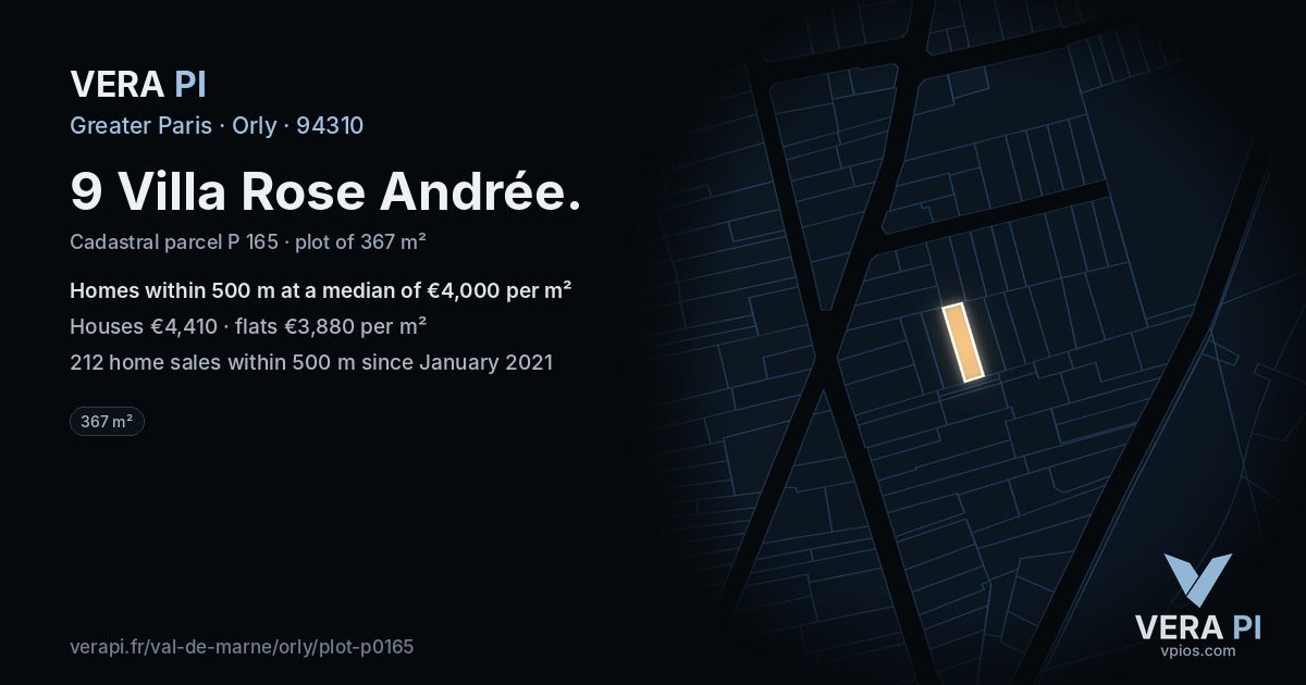 9 Villa Rose Andrée, Orly at night – the plot lit, the parcels around coloured by the prices near them