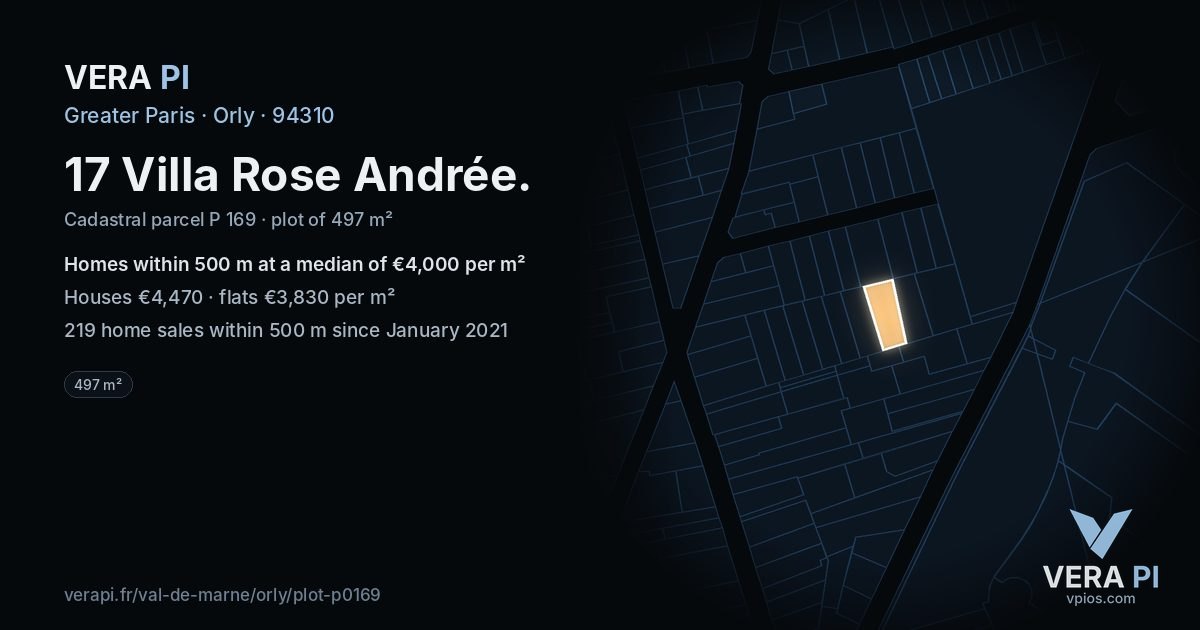17 Villa Rose Andrée, Orly at night – the plot lit, the parcels around coloured by the prices near them