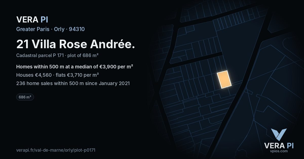 21 Villa Rose Andrée, Orly at night – the plot lit, the parcels around coloured by the prices near them