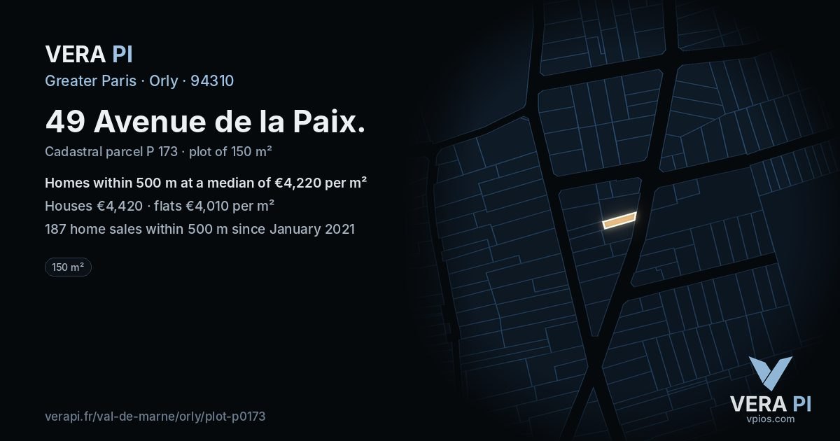 49 Avenue de la Paix, Orly at night – the plot lit, the parcels around coloured by the prices near them