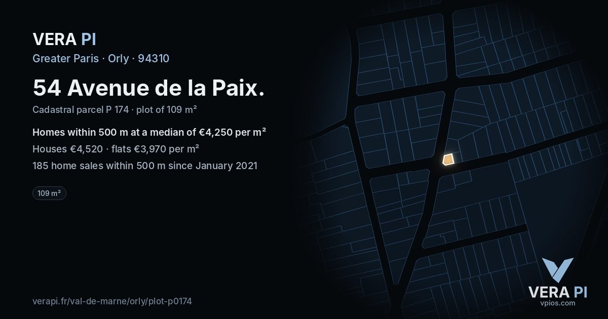 54 Avenue de la Paix, Orly at night – the plot lit, the parcels around coloured by the prices near them