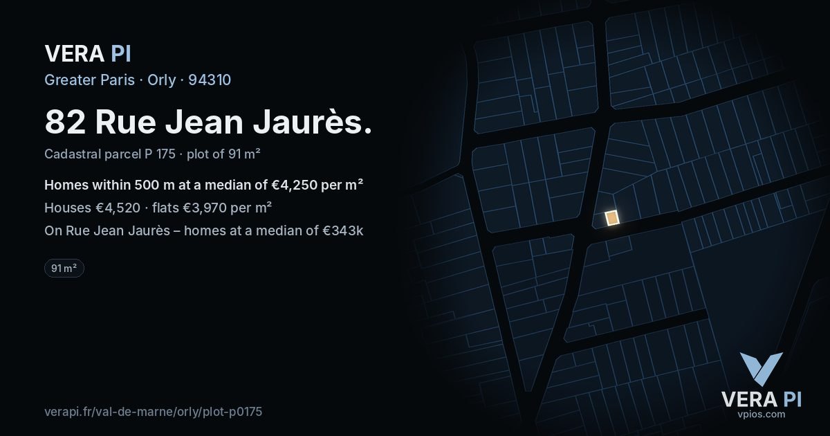 82 Rue Jean Jaurès, Orly at night – the plot lit, the parcels around coloured by the prices near them