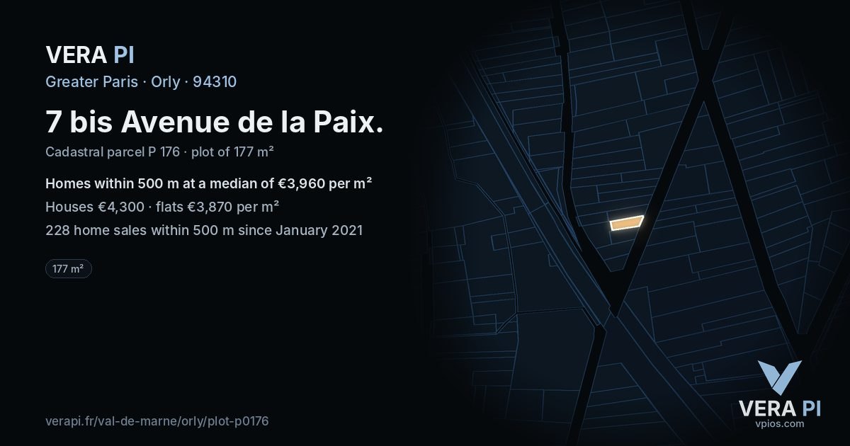 7 bis Avenue de la Paix, Orly at night – the plot lit, the parcels around coloured by the prices near them