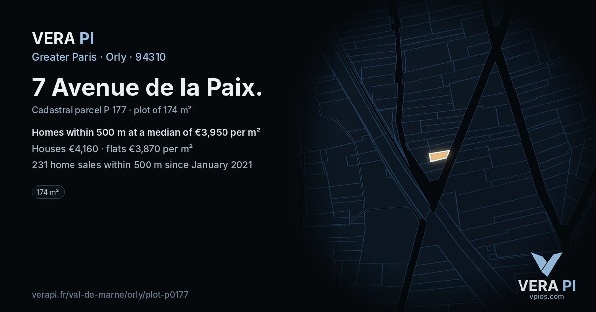 7 Avenue de la Paix, Orly at night – the plot lit, the parcels around coloured by the prices near them