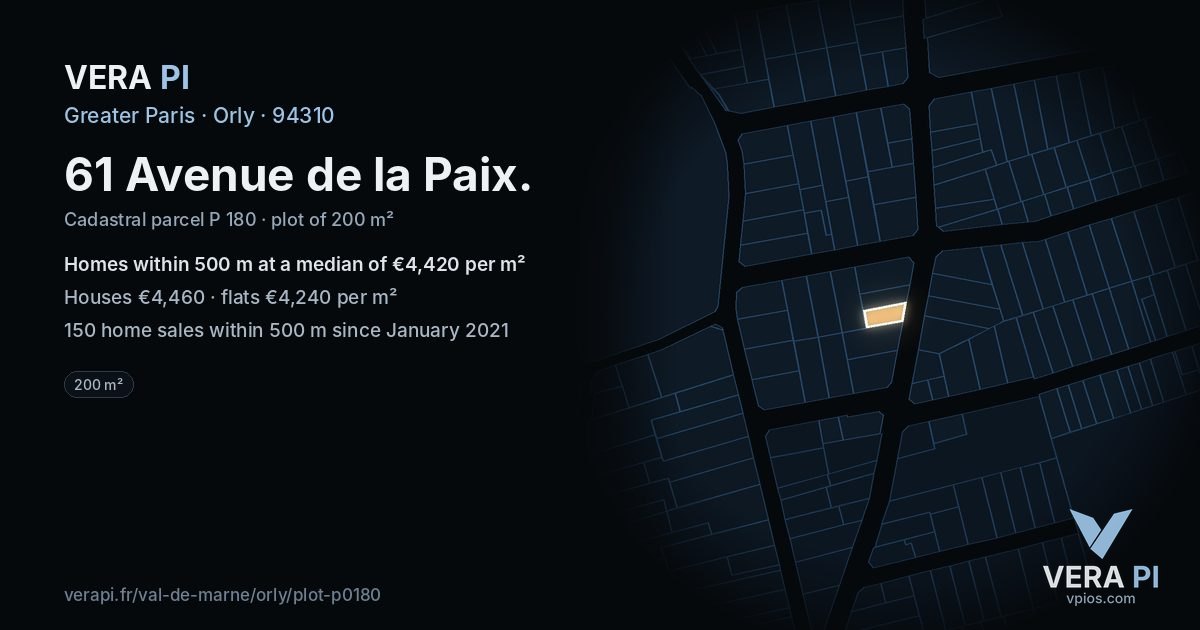 61 Avenue de la Paix, Orly at night – the plot lit, the parcels around coloured by the prices near them