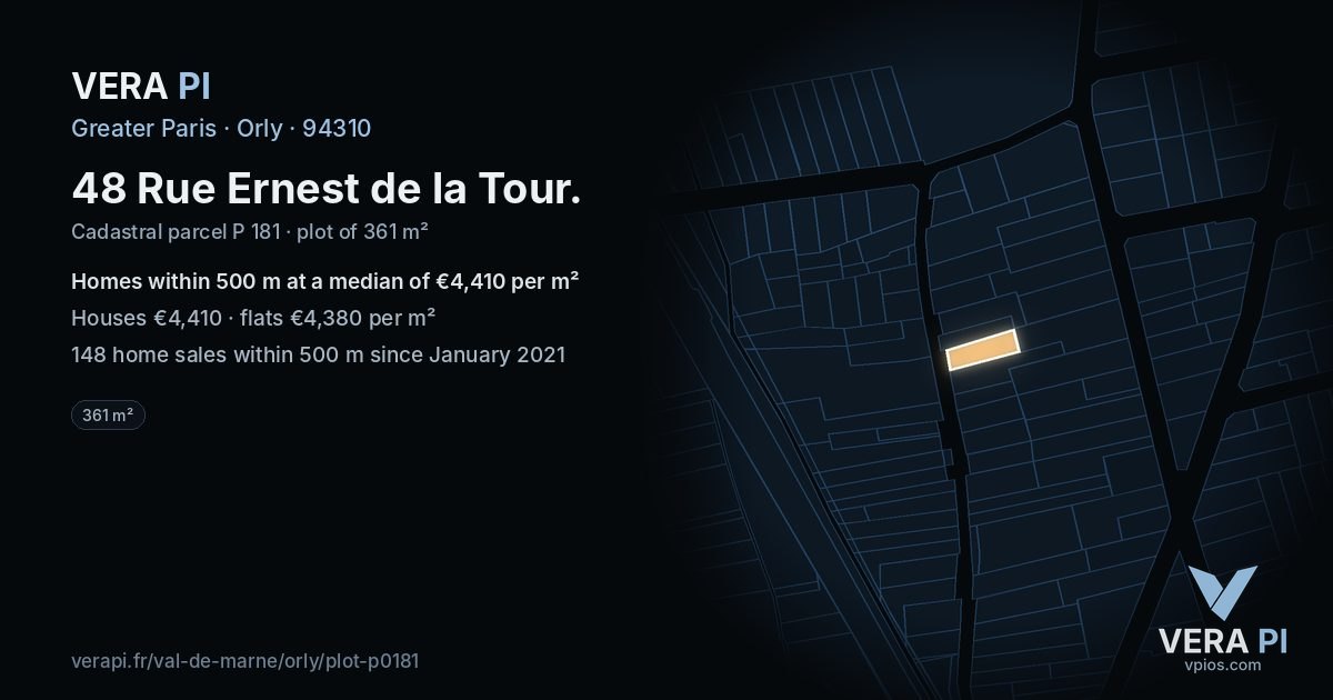 48 Rue Ernest de la Tour, Orly at night – the plot lit, the parcels around coloured by the prices near them