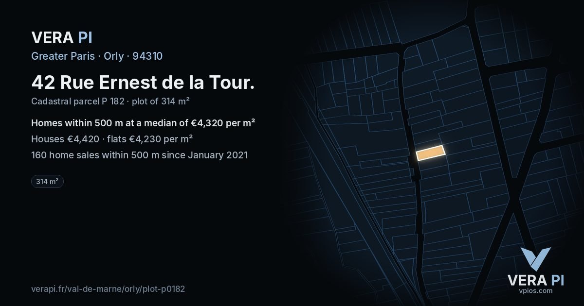 42 Rue Ernest de la Tour, Orly at night – the plot lit, the parcels around coloured by the prices near them