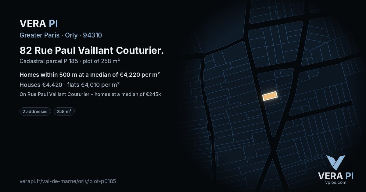 82 Rue Paul Vaillant Couturier, Orly at night – the plot lit, the parcels around coloured by the prices near them