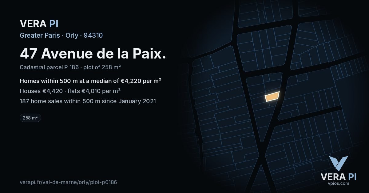 47 Avenue de la Paix, Orly at night – the plot lit, the parcels around coloured by the prices near them