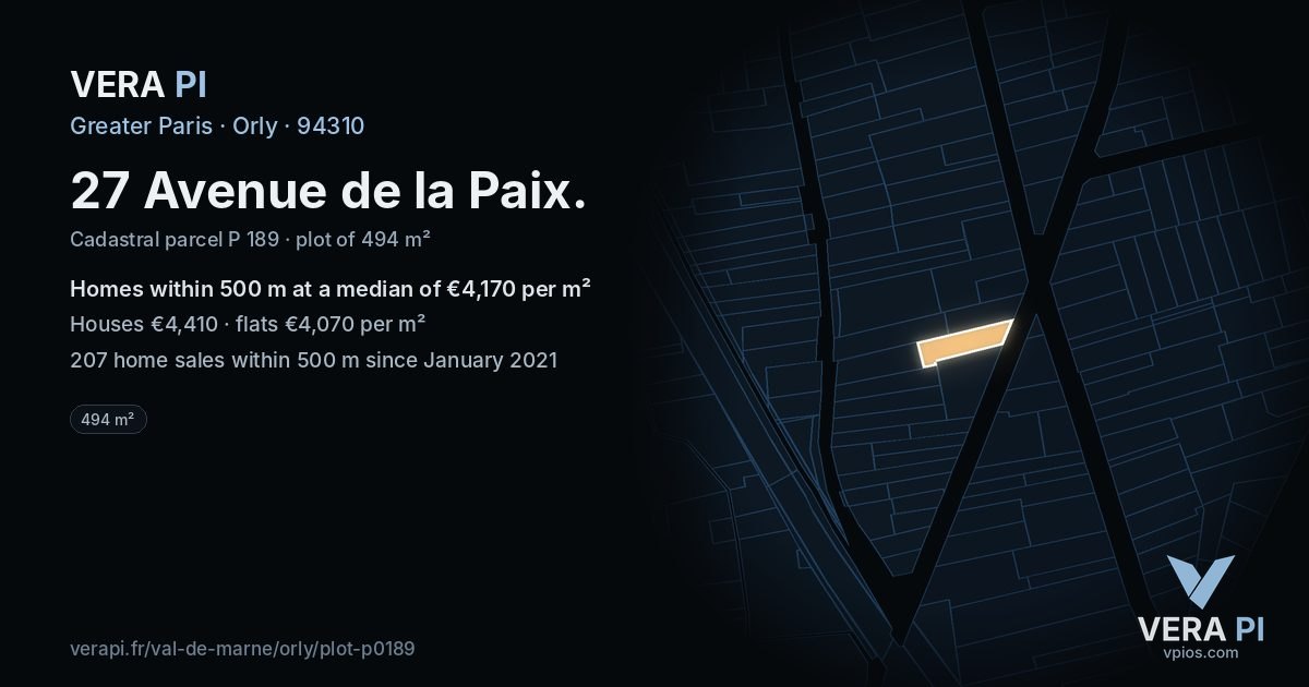27 Avenue de la Paix, Orly at night – the plot lit, the parcels around coloured by the prices near them