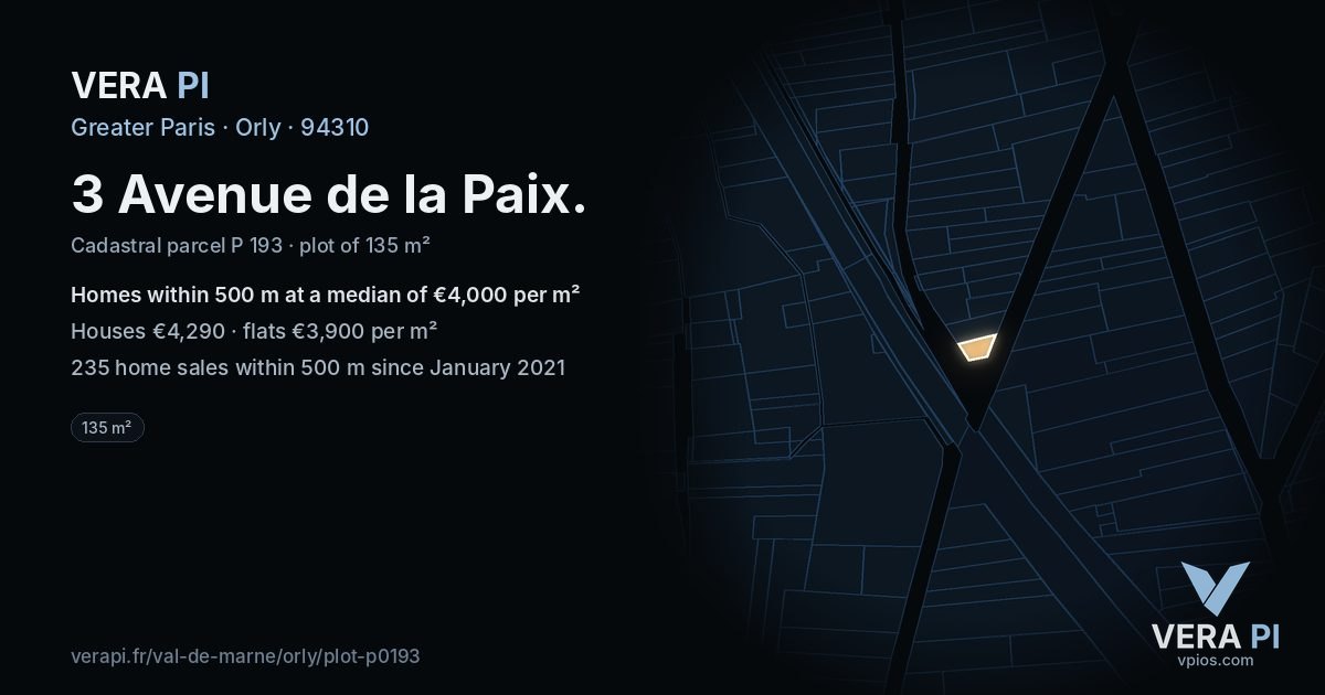 3 Avenue de la Paix, Orly at night – the plot lit, the parcels around coloured by the prices near them