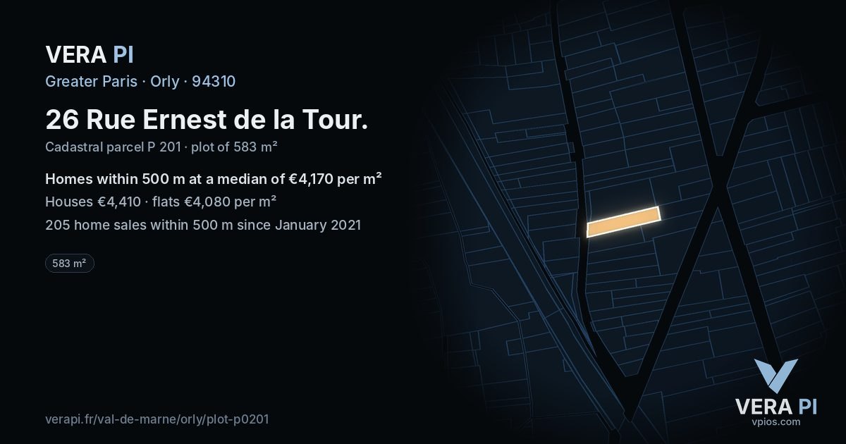 26 Rue Ernest de la Tour, Orly at night – the plot lit, the parcels around coloured by the prices near them