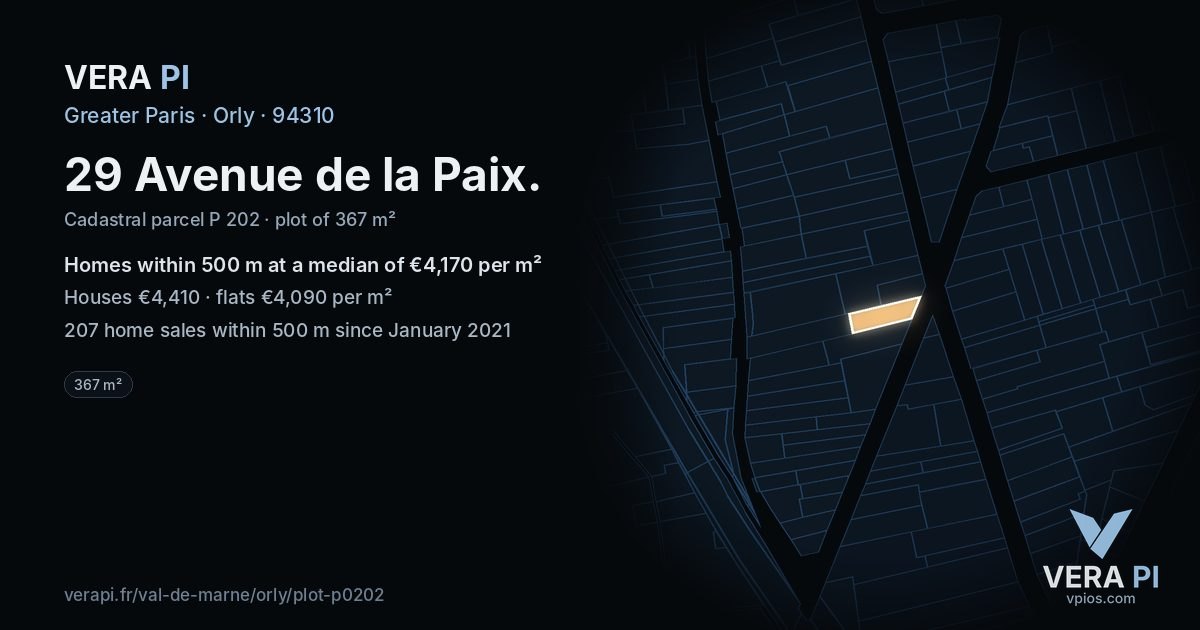 29 Avenue de la Paix, Orly at night – the plot lit, the parcels around coloured by the prices near them