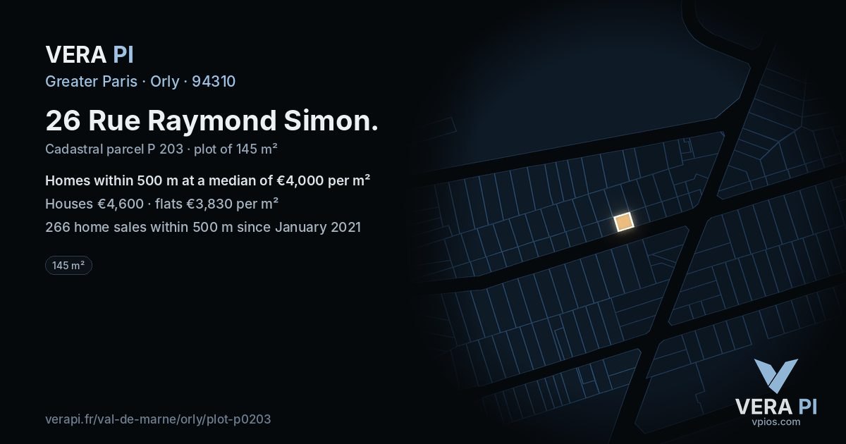 26 Rue Raymond Simon, Orly at night – the plot lit, the parcels around coloured by the prices near them