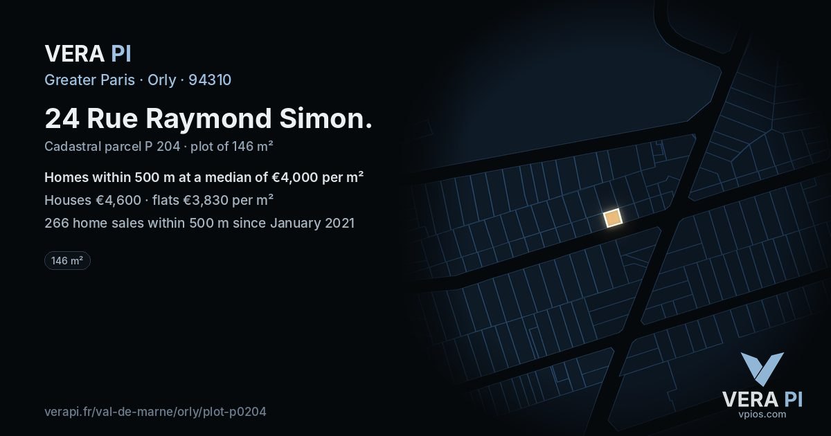 24 Rue Raymond Simon, Orly at night – the plot lit, the parcels around coloured by the prices near them