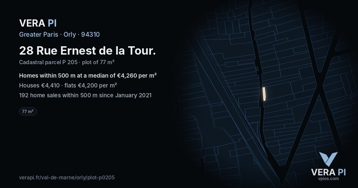 28 Rue Ernest de la Tour, Orly at night – the plot lit, the parcels around coloured by the prices near them