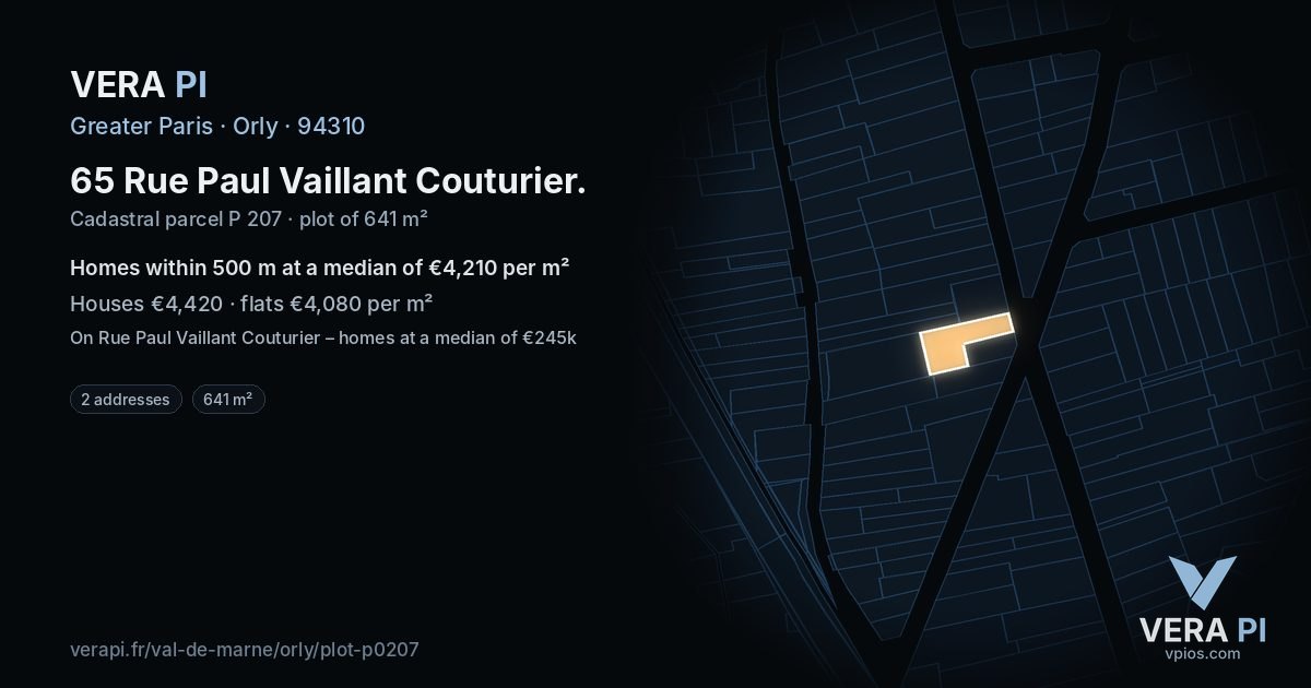 65 Rue Paul Vaillant Couturier, Orly at night – the plot lit, the parcels around coloured by the prices near them