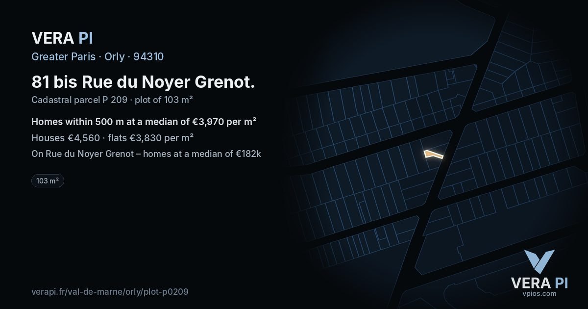 81 bis Rue du Noyer Grenot, Orly at night – the plot lit, the parcels around coloured by the prices near them