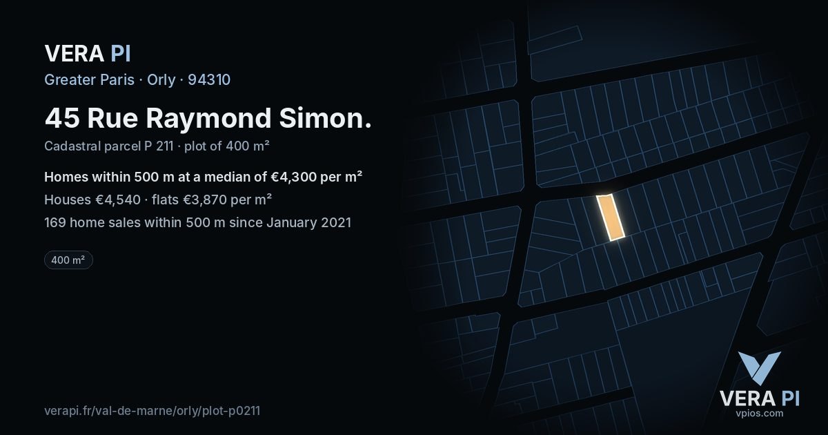45 Rue Raymond Simon, Orly at night – the plot lit, the parcels around coloured by the prices near them