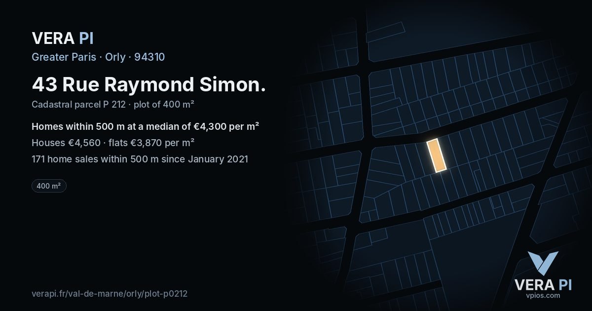43 Rue Raymond Simon, Orly at night – the plot lit, the parcels around coloured by the prices near them