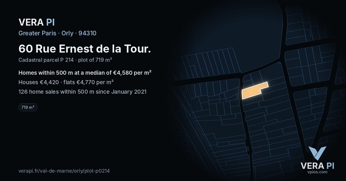 60 Rue Ernest de la Tour, Orly at night – the plot lit, the parcels around coloured by the prices near them