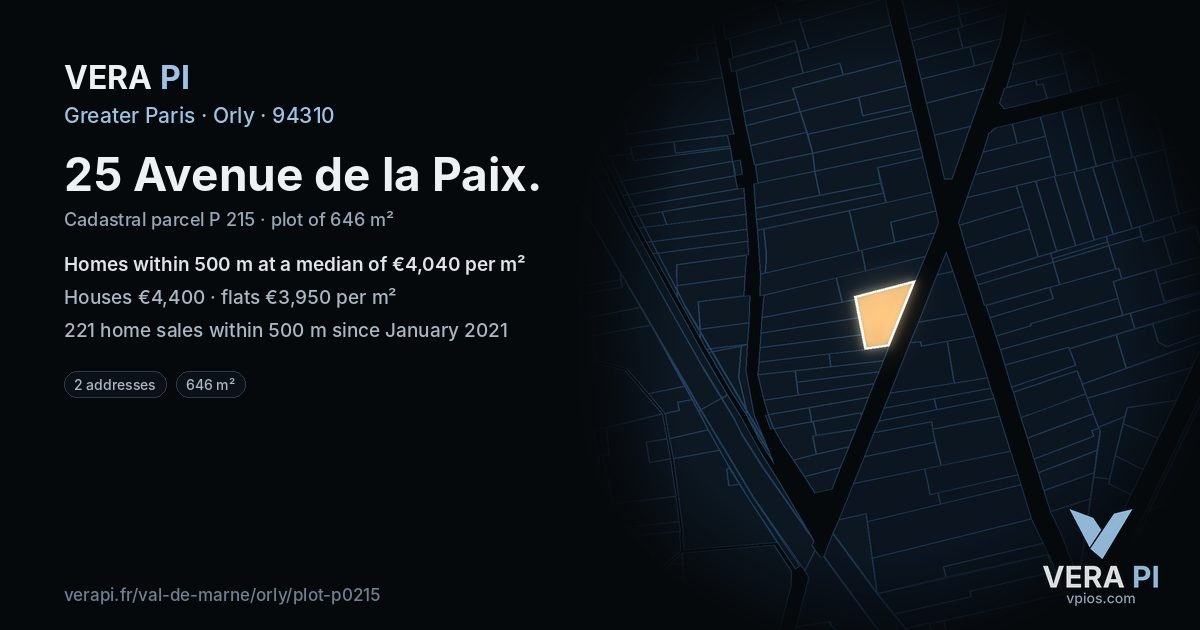25 Avenue de la Paix, Orly at night – the plot lit, the parcels around coloured by the prices near them