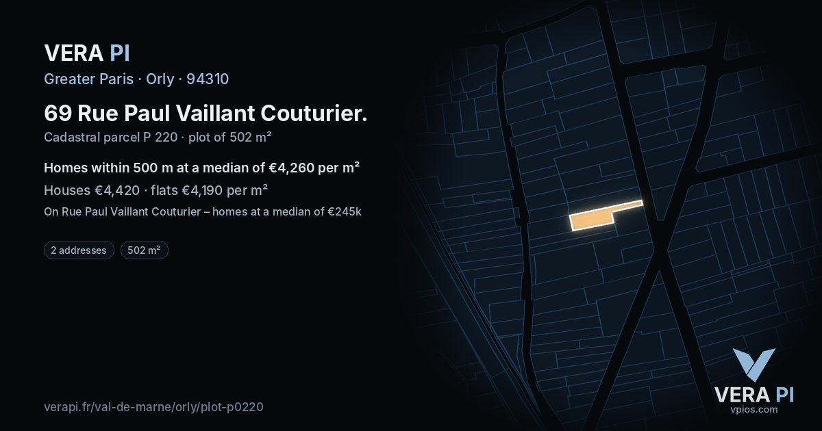69 Rue Paul Vaillant Couturier, Orly at night – the plot lit, the parcels around coloured by the prices near them