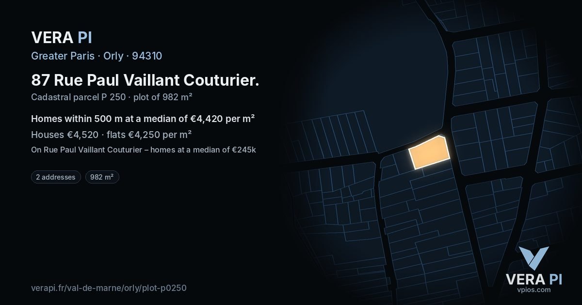 87 Rue Paul Vaillant Couturier, Orly at night – the plot lit, the parcels around coloured by the prices near them