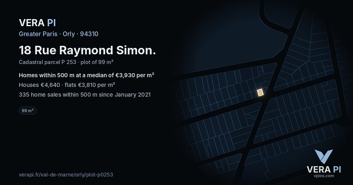 18 Rue Raymond Simon, Orly at night – the plot lit, the parcels around coloured by the prices near them