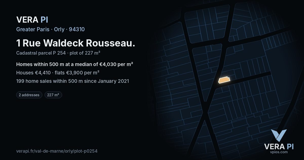 1 Rue Waldeck Rousseau, Orly at night – the plot lit, the parcels around coloured by the prices near them