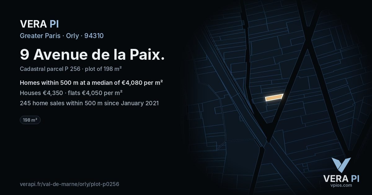 9 Avenue de la Paix, Orly at night – the plot lit, the parcels around coloured by the prices near them