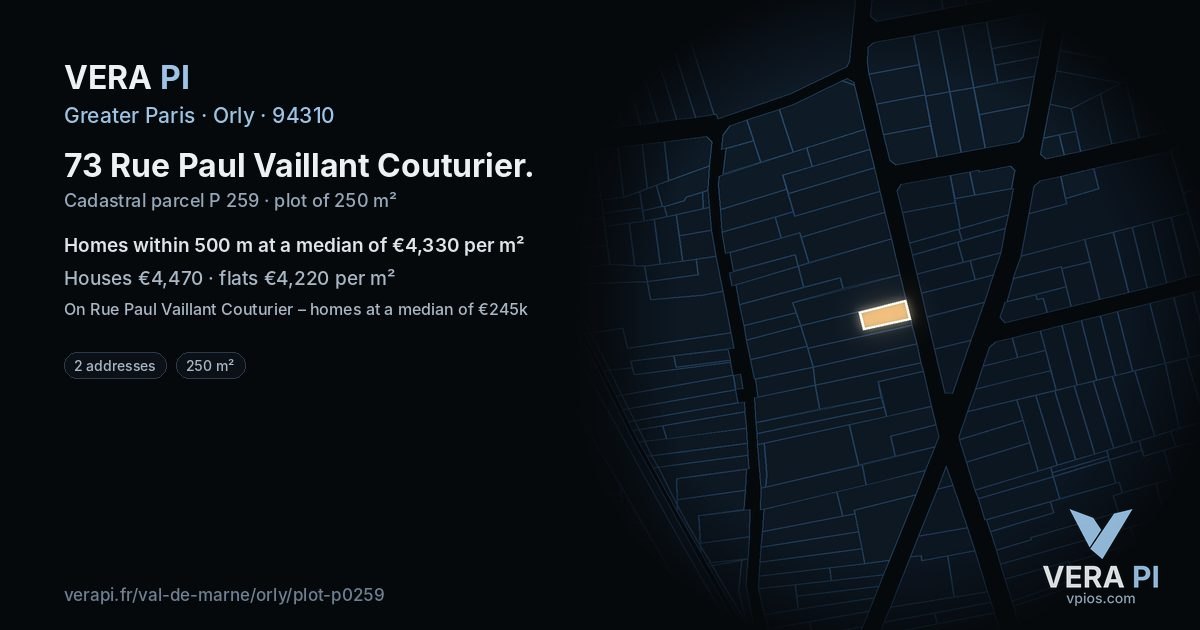73 Rue Paul Vaillant Couturier, Orly at night – the plot lit, the parcels around coloured by the prices near them