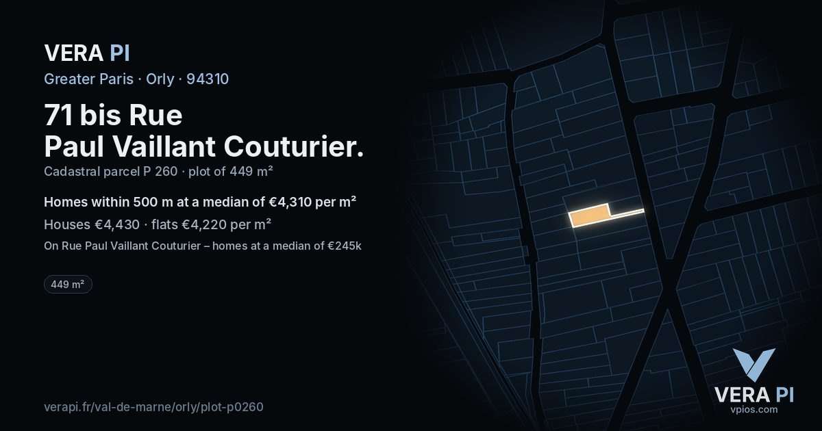 71 bis Rue Paul Vaillant Couturier, Orly at night – the plot lit, the parcels around coloured by the prices near them