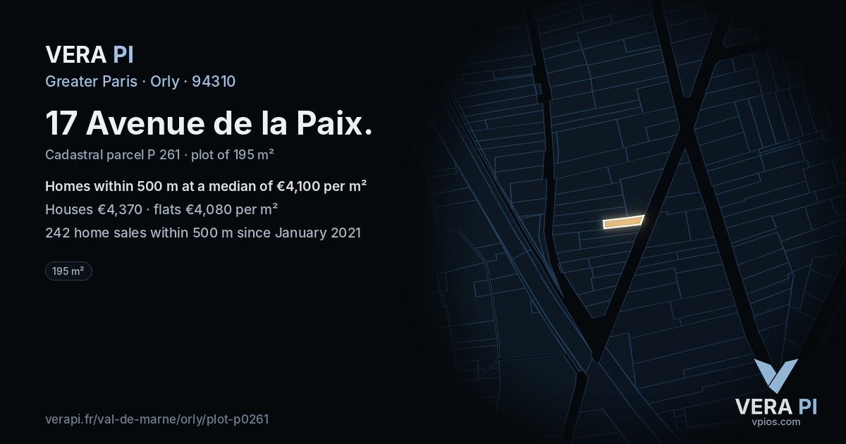 17 Avenue de la Paix, Orly at night – the plot lit, the parcels around coloured by the prices near them
