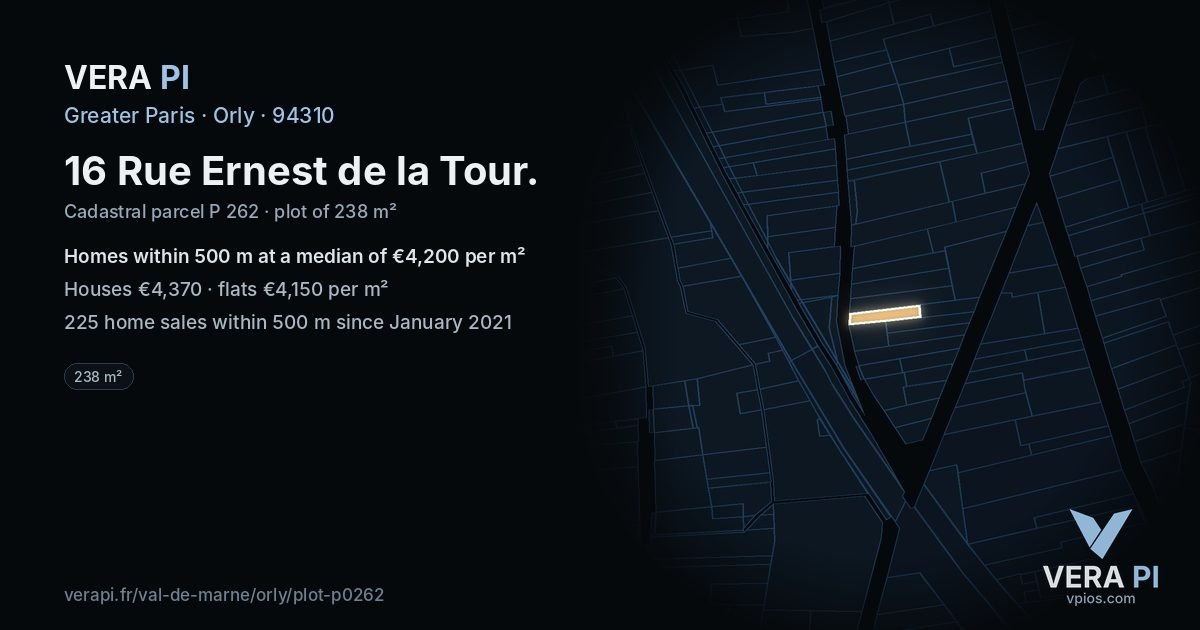 16 Rue Ernest de la Tour, Orly at night – the plot lit, the parcels around coloured by the prices near them