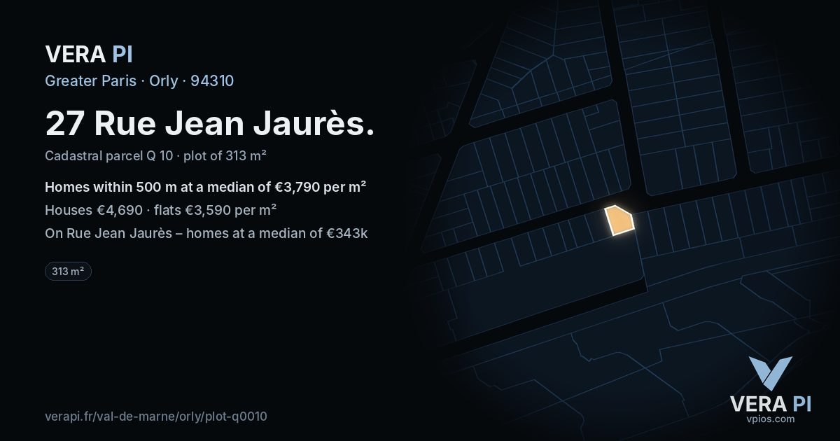 27 Rue Jean Jaurès, Orly at night – the plot lit, the parcels around coloured by the prices near them