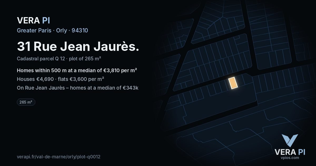 31 Rue Jean Jaurès, Orly at night – the plot lit, the parcels around coloured by the prices near them