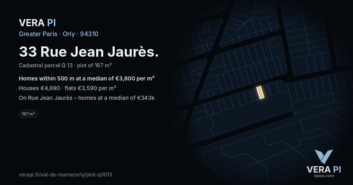 33 Rue Jean Jaurès, Orly at night – the plot lit, the parcels around coloured by the prices near them