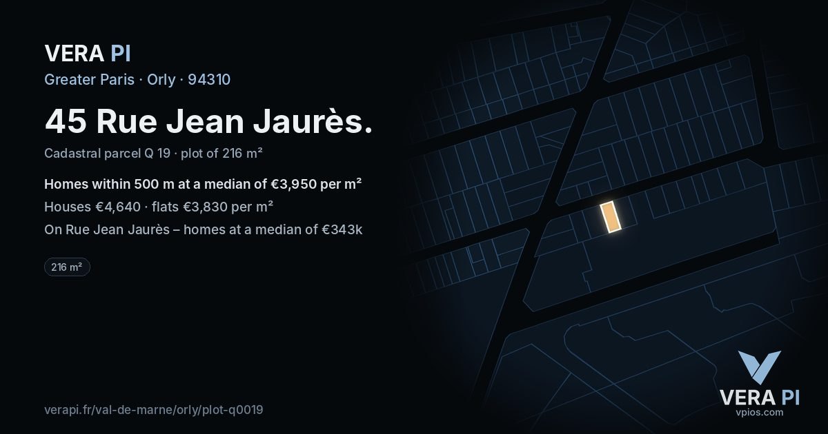 45 Rue Jean Jaurès, Orly at night – the plot lit, the parcels around coloured by the prices near them