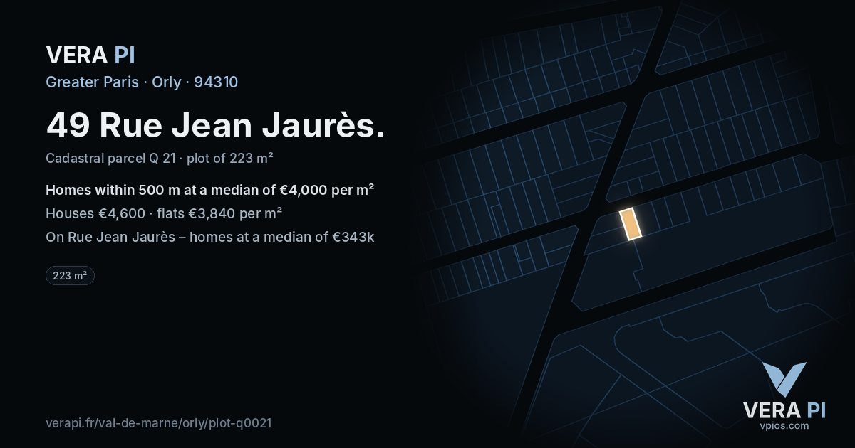 49 Rue Jean Jaurès, Orly at night – the plot lit, the parcels around coloured by the prices near them