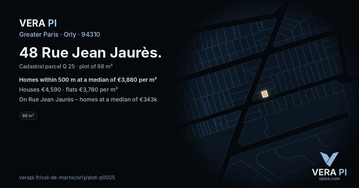 48 Rue Jean Jaurès, Orly at night – the plot lit, the parcels around coloured by the prices near them