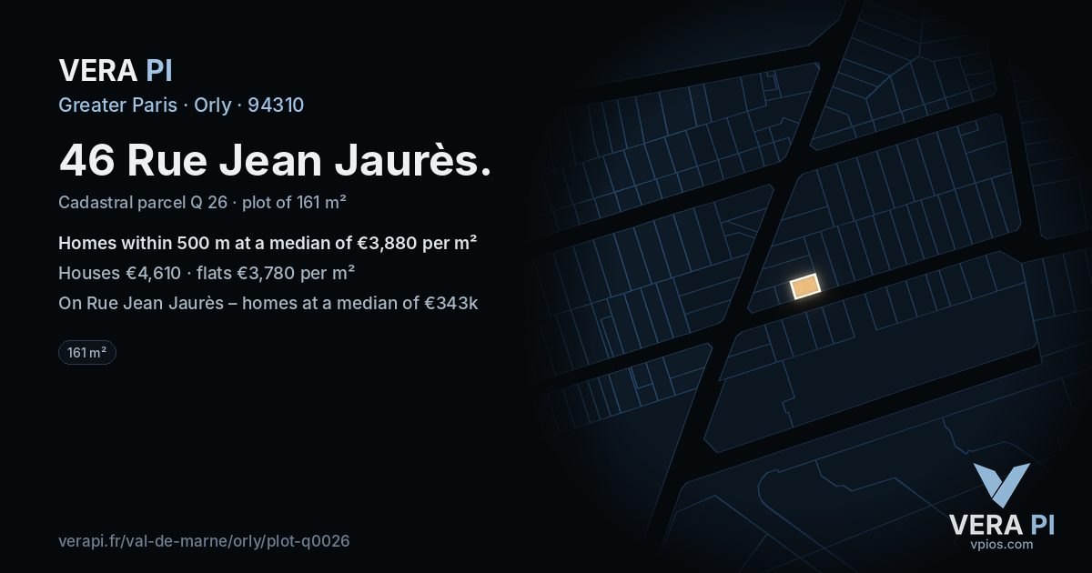 46 Rue Jean Jaurès, Orly at night – the plot lit, the parcels around coloured by the prices near them