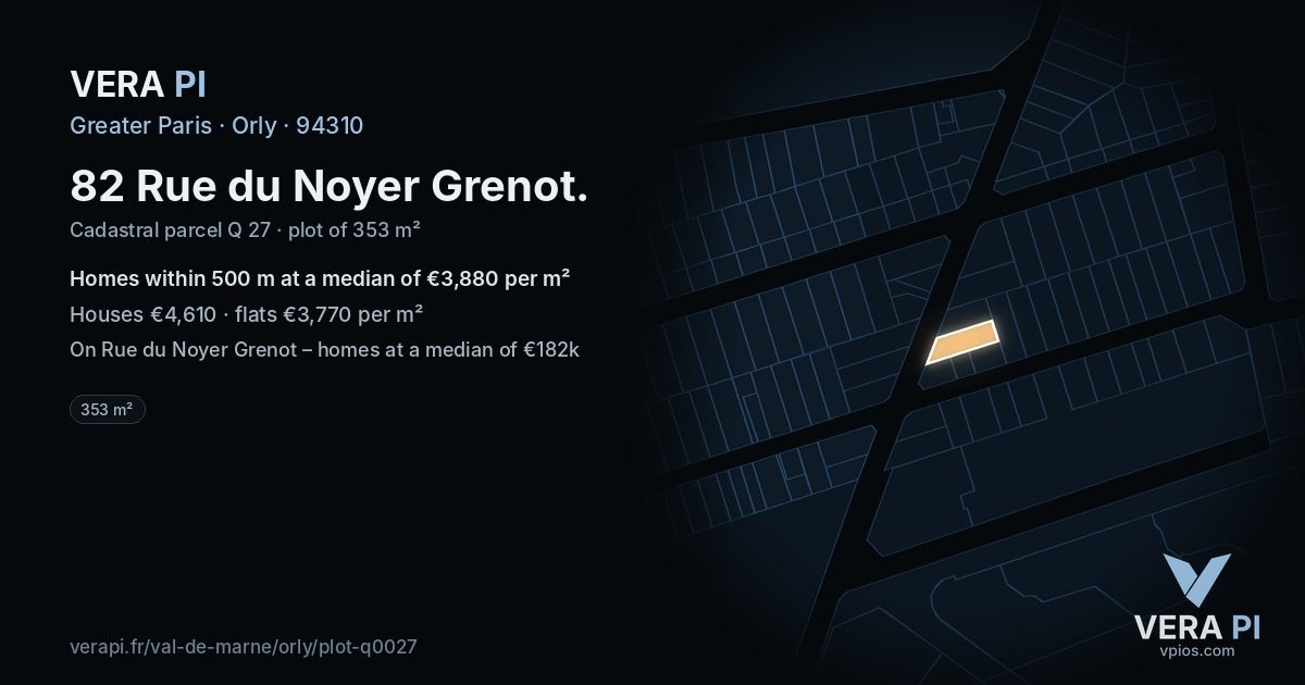 82 Rue du Noyer Grenot, Orly at night – the plot lit, the parcels around coloured by the prices near them