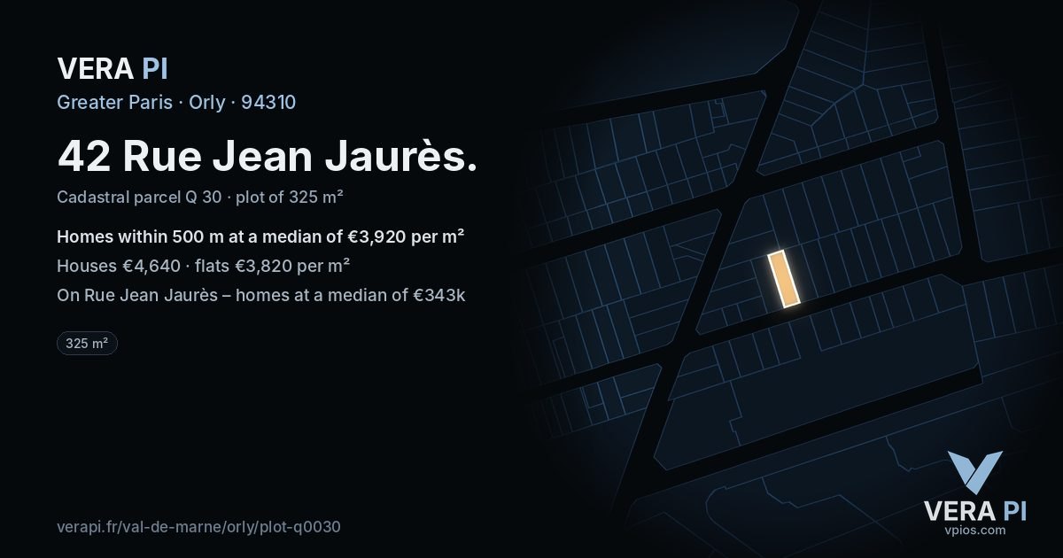 42 Rue Jean Jaurès, Orly at night – the plot lit, the parcels around coloured by the prices near them